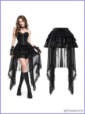 Victorian Gothic Lace High-Low Layered Tulle Bustle Skirt
